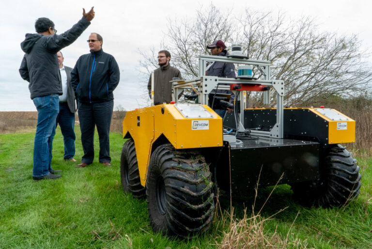 Rsearchers talk about the ARL's autonomous vehicle - warthog - on the RELLIS Campus