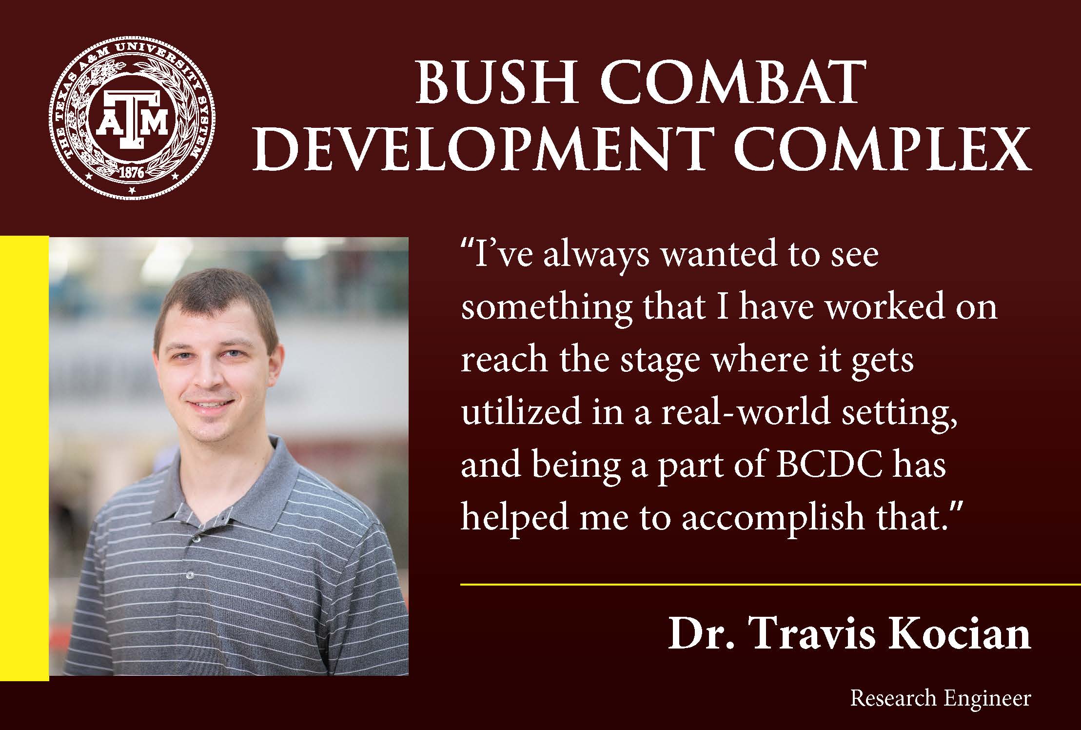 Researcher of the Week graphic highlighting Dr. Travis Kocian, BCDC research engineer