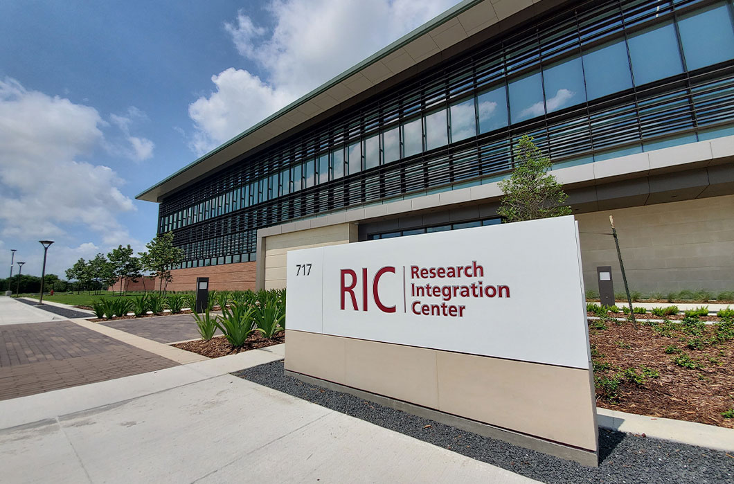 Research Integration Center view of the front of the building with entry sign