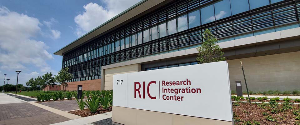 The Research Integration Center (RIC), one of four components of the George H.W. Bush Combat Development Complex (BCDC) and BCDC's headquarters, on the RELLIS campus. The RIC was completed in August 2021.
