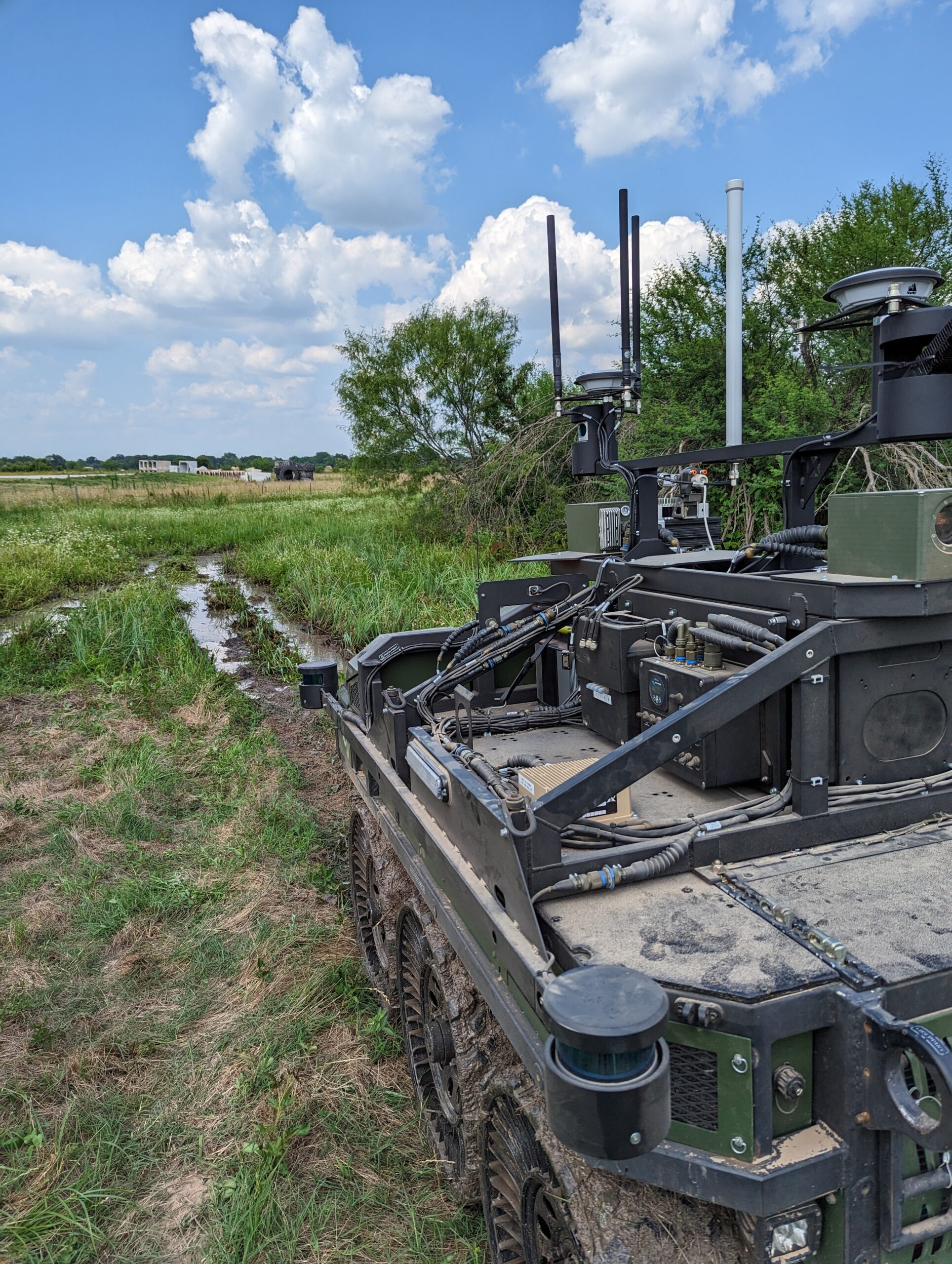 Autonomous military vehicle in the field.